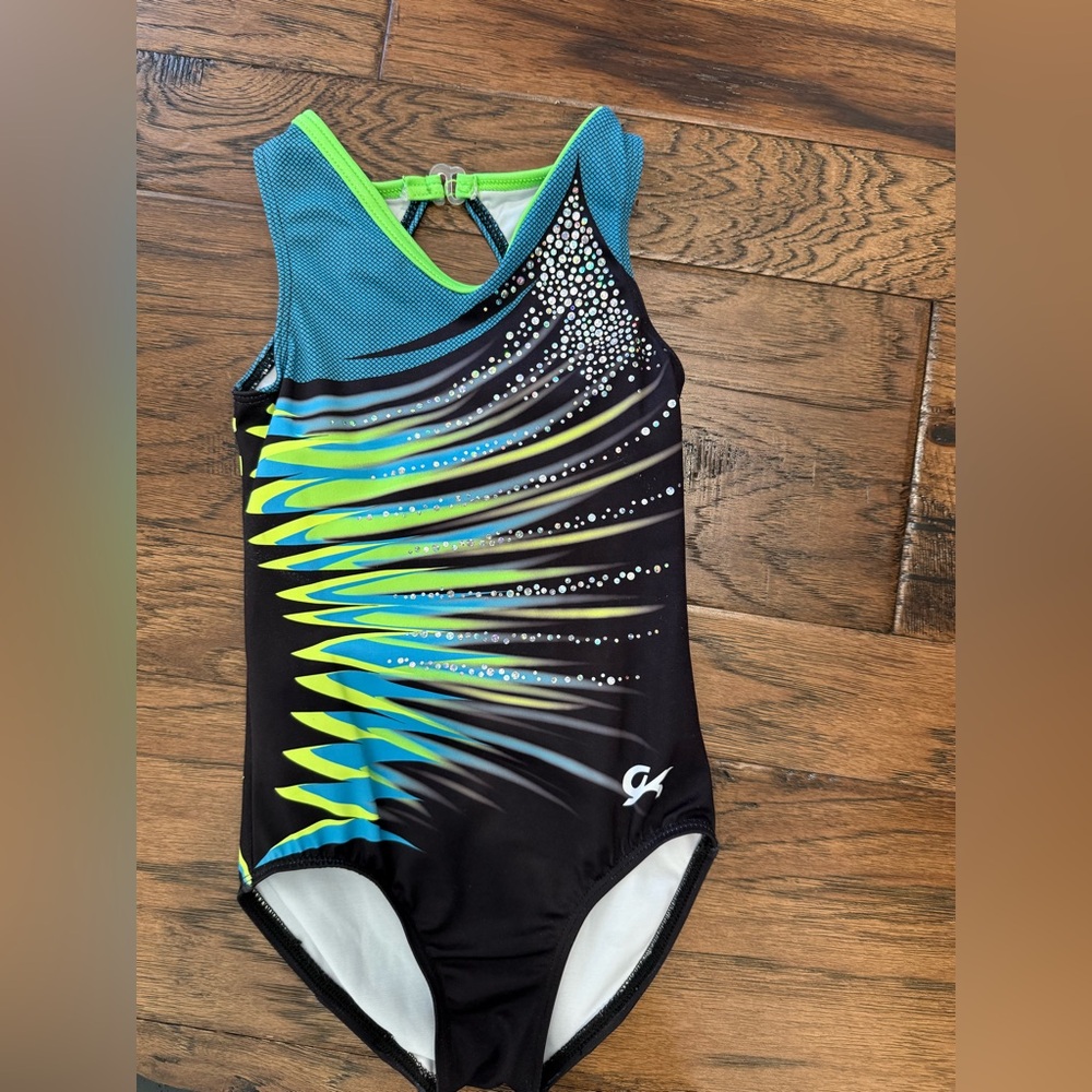 GK Competition Leotard Black and Blue with Green Accents and Rhinestones
